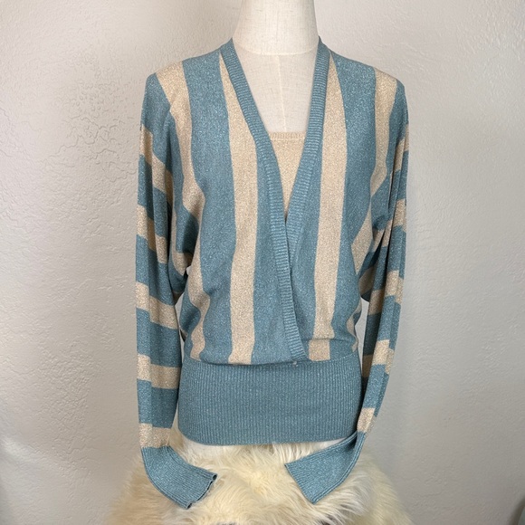 BCBGMaxAzria Sweaters - Vintage BCBGMAXAZRIA‎ Metallic Striped Faux-Wrap Knit – Size M